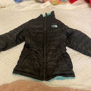 Blue and black north face puffer
